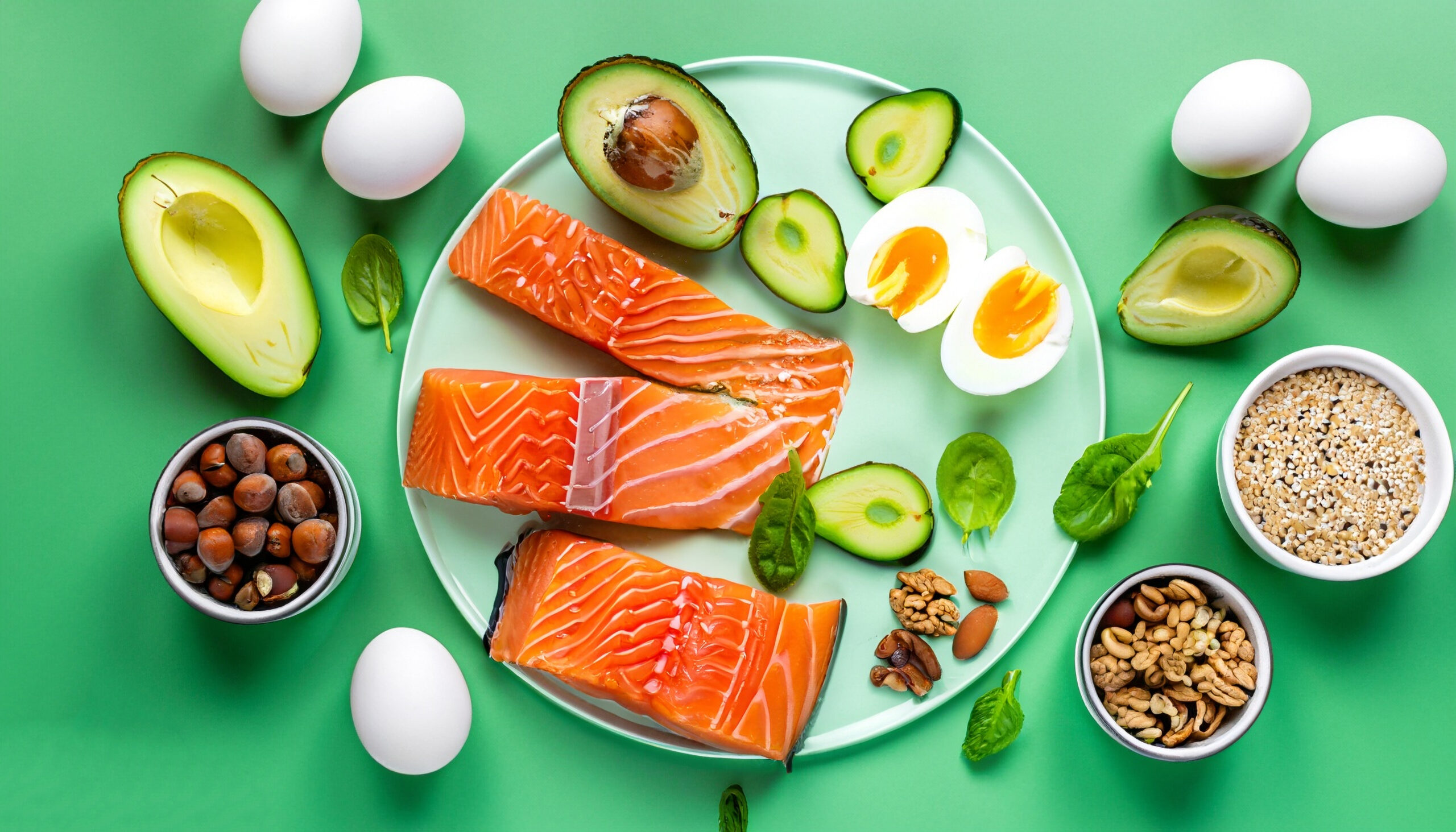 Keto diet concept – salmon, avocado, eggs, nuts and seeds, bright green background, top view